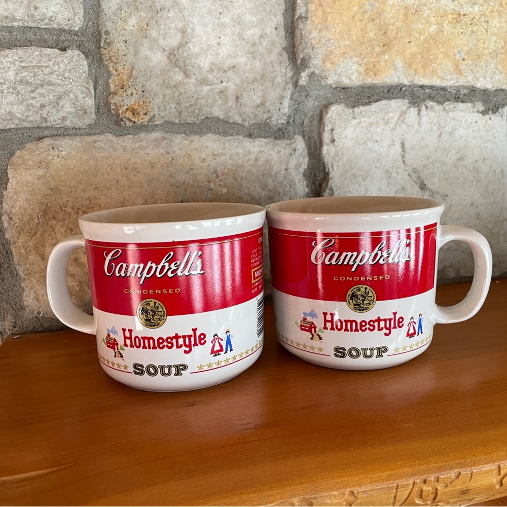Vintage Lot of 2 1989 Campbell's Homestyle 14oz Handled Soup Can Mugs Red White